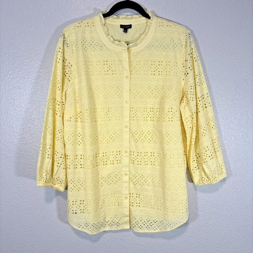 Talbots Yellow eyelet Tunic Blouse Puff Sleeve Women's Size L Shirt Top Boho